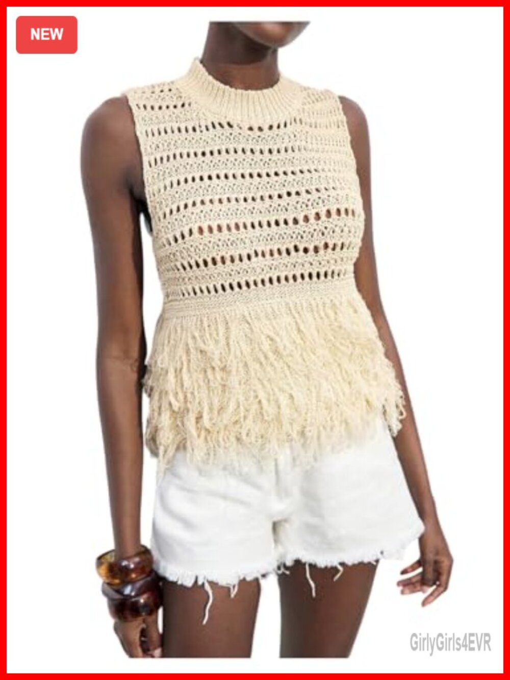 Crochet Tank Top Fringe Hem Mock Neck Sleeveless Knit Boho Summer Top